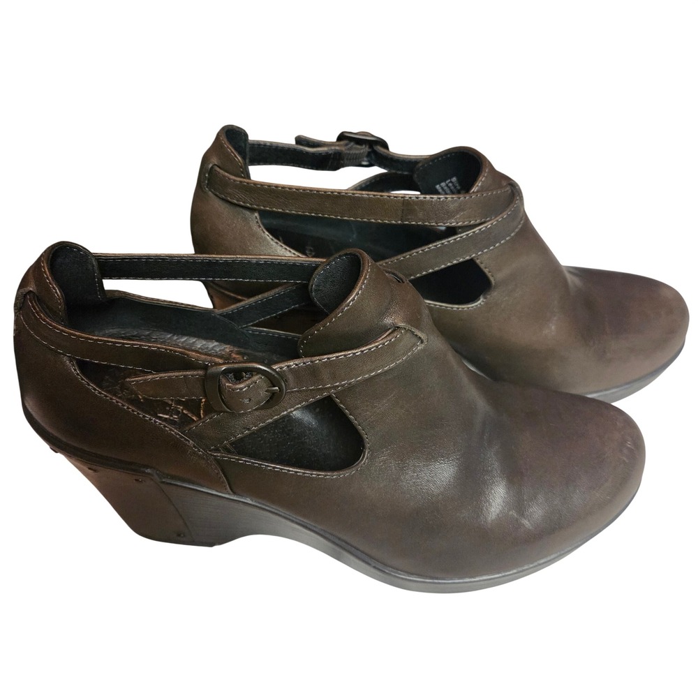 Dansko Franka Brown Leather Cutout Wedge Booties Buckle Studded Ankle Size 40